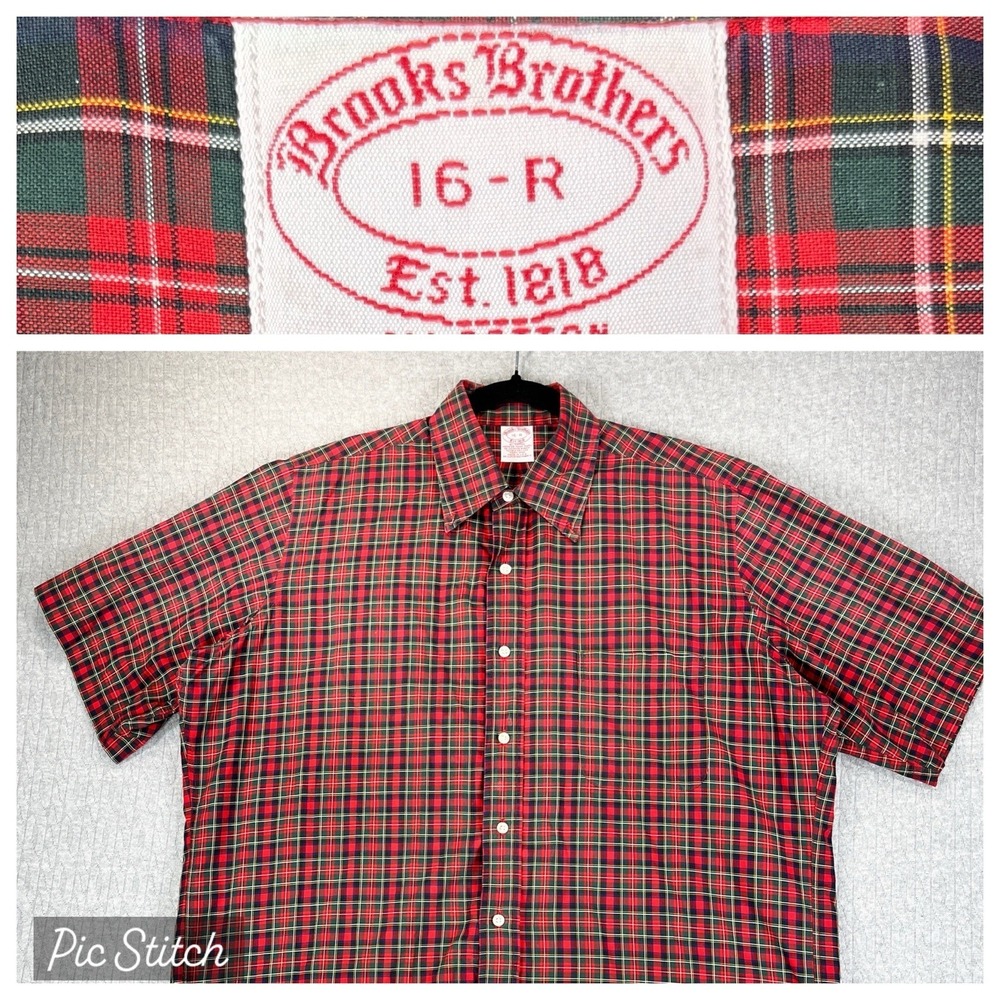 Vintage Brooks Brothers USA Plaid Dress Shirt Men L 16 Button Down Short Sleeve